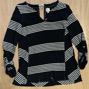 Women XS Anthropologie Postmark Black White Stripe Tie Back Tunic Top Blouse